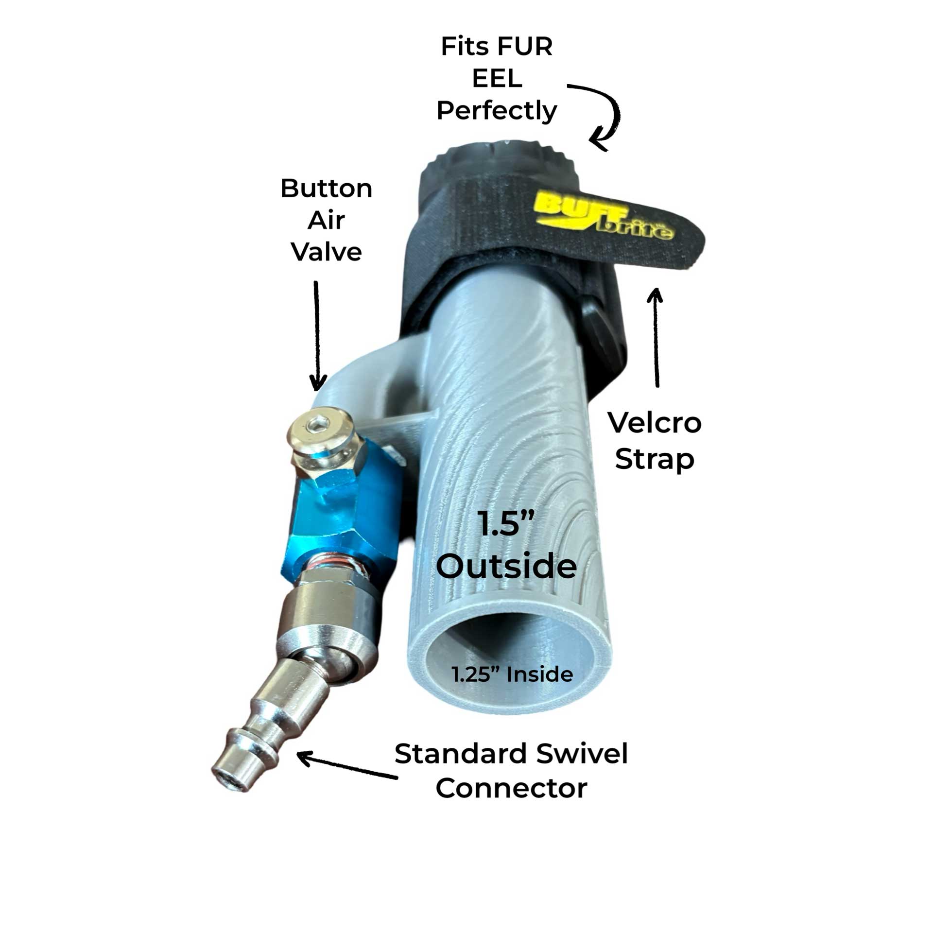 Pneumatic tool attachment with labeled features on a white background