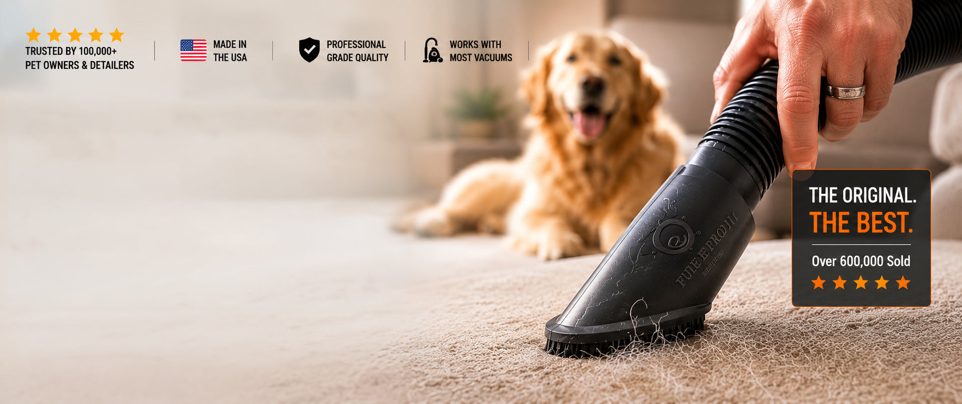 Person using a pet hair removal tool on a carpet with a dog in the background, featuring product branding and customer testimonials.
