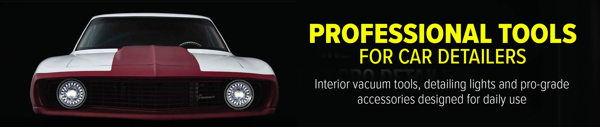 Car detailing tools advertisement with a vintage car and text on a black background